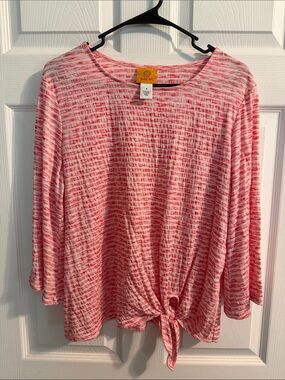 Ruby Rd. Pink Space-Dye Tie-Front Long Sleeve Top